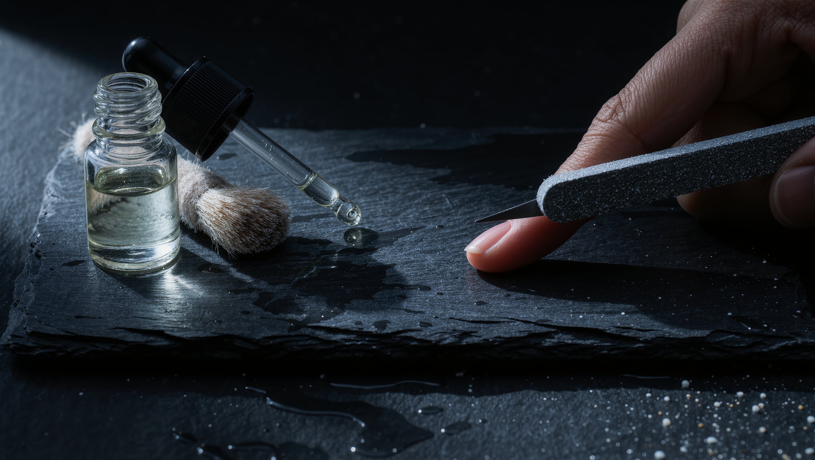 Eine Feile arbeitet an der freien Kante eines kurzen Nagels, daneben ein Pinsel und ein Fläschchen Nagelöl im gedämpften Licht