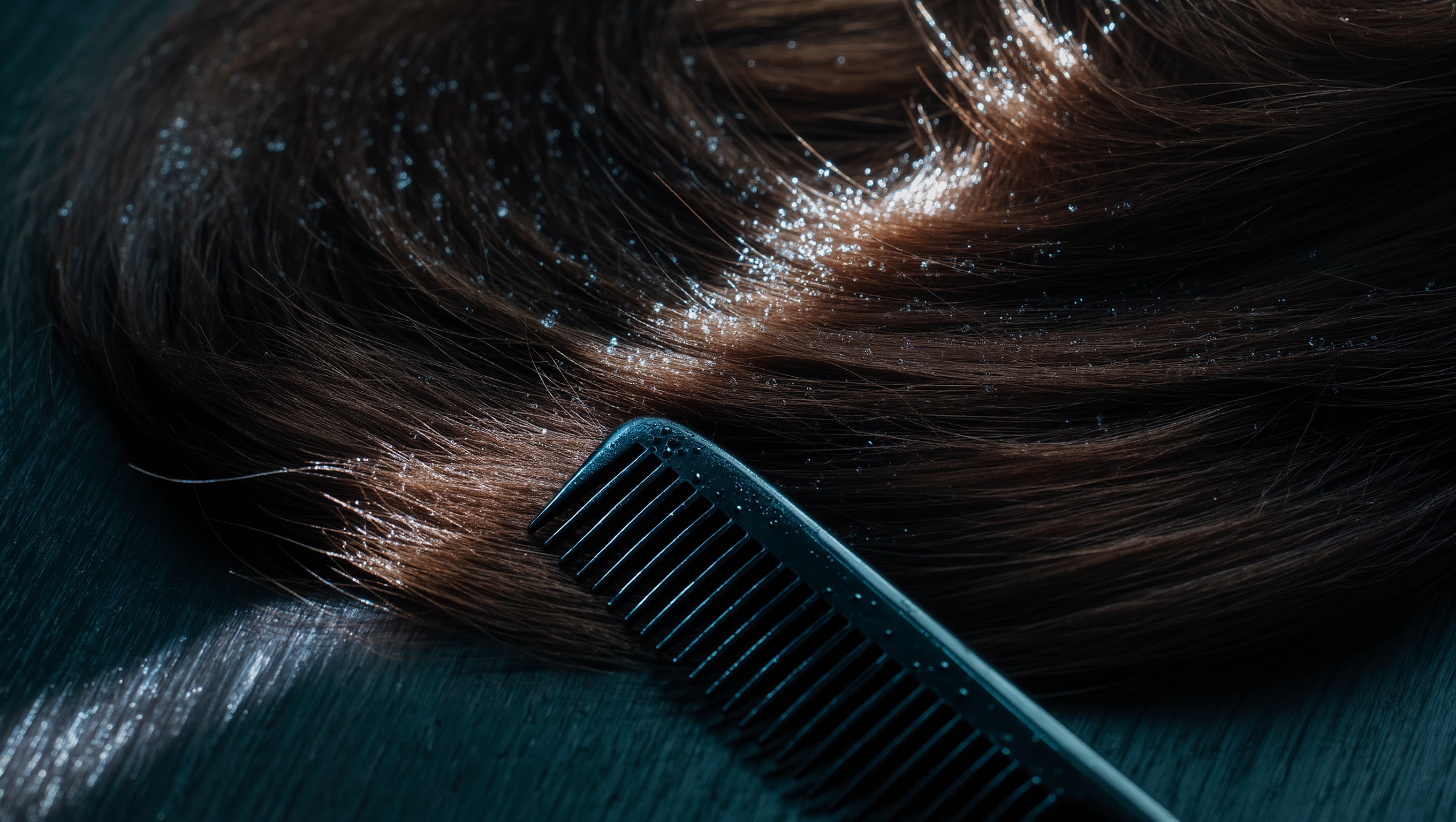 Nahaufnahme einer dunklen Haarsträhne mit abstehenden Härchen und feinen Kondenströpfchen, daneben ein Stahlkamm im Halbschatten