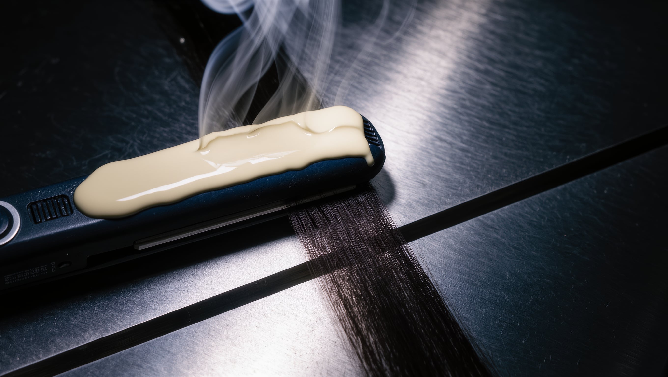 Ein Glätteisen schließt sich um eine mit heller Paste bestrichene Strähne, aufsteigender Dampf im seitlichen Licht
