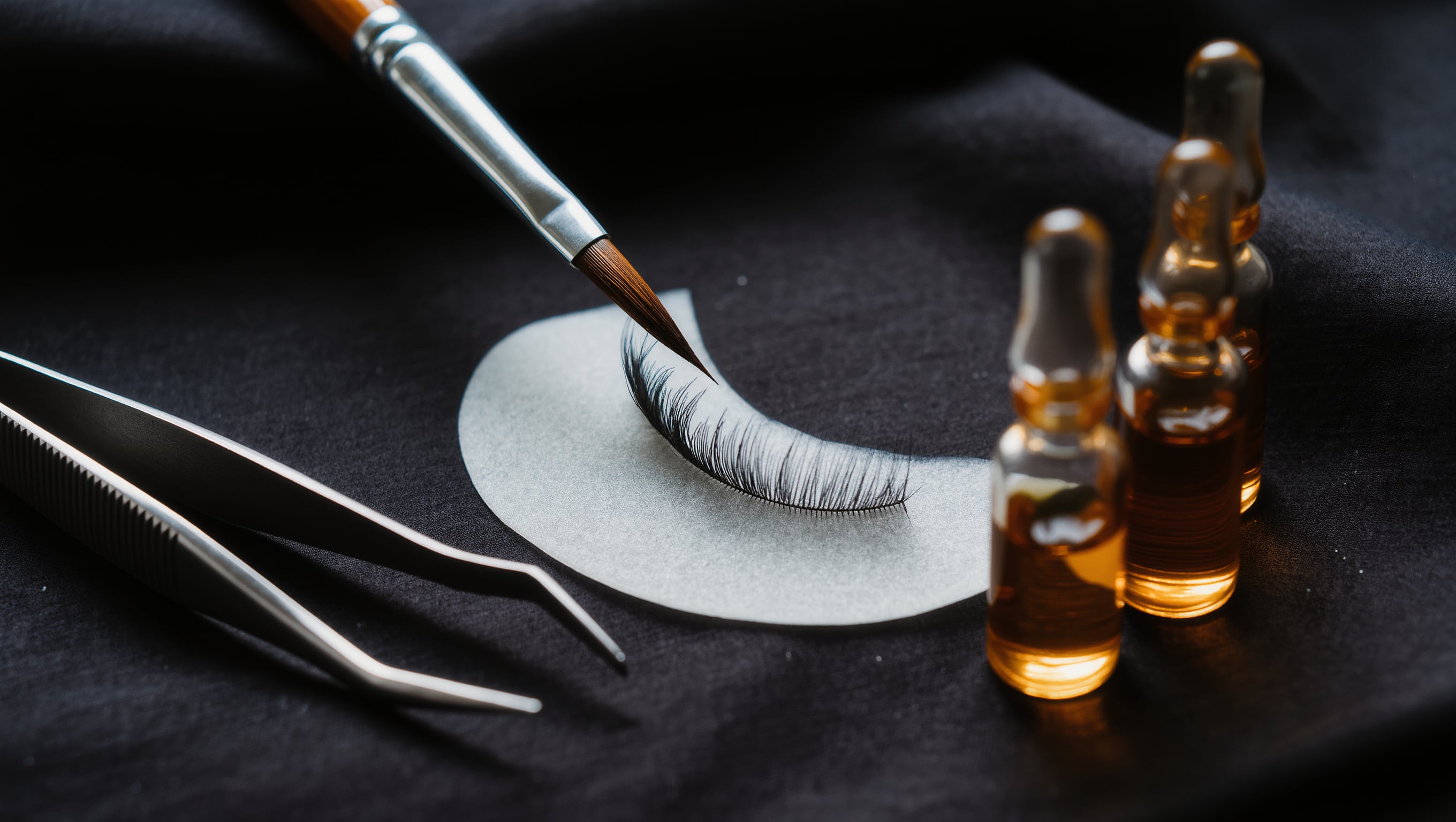 Ein feiner Pinsel legt Wimpern über ein Silikonpad, Werkzeug und Fläschchen liegen scharf beleuchtet auf dunklem Tuch