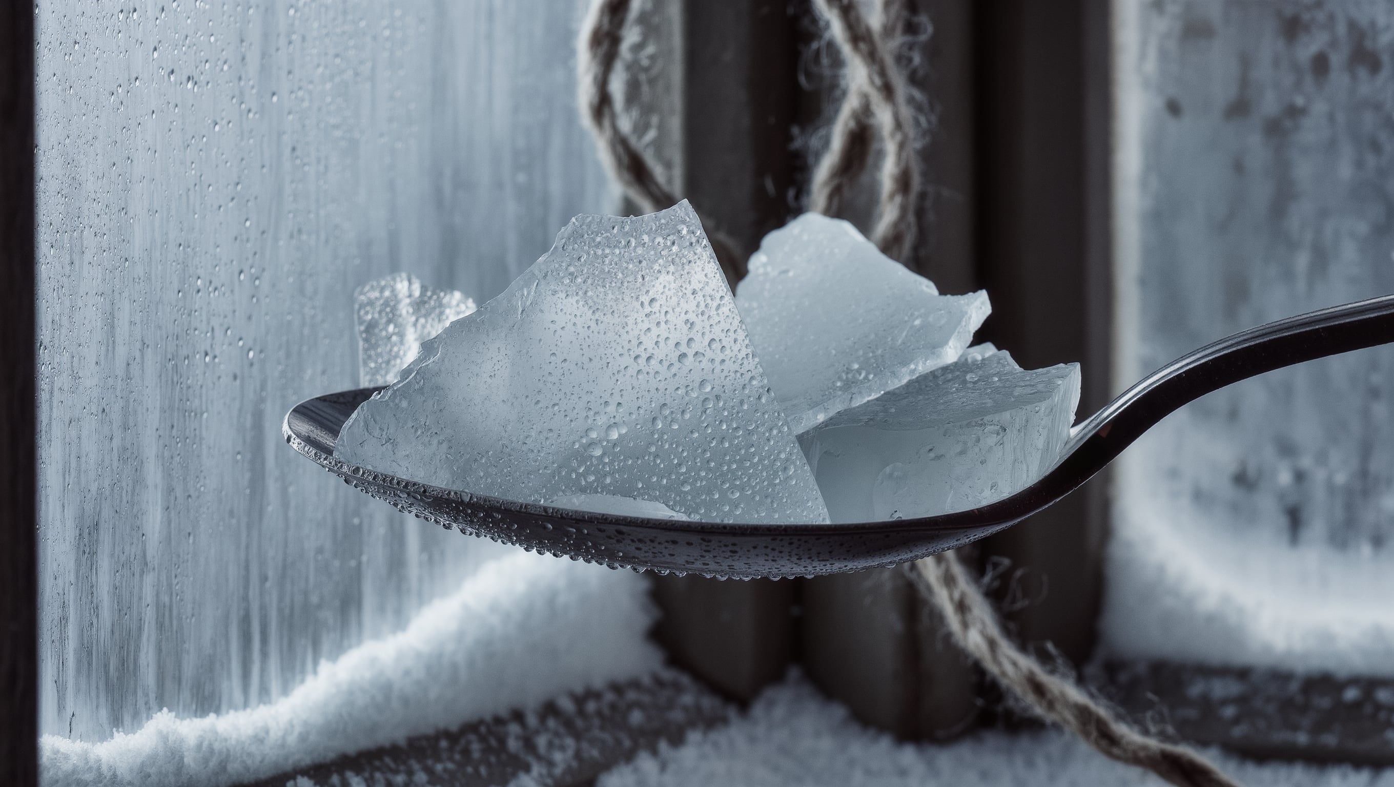 Ein dicker Balsam bricht auf einem kalten Metalllöffel, daneben beschlagenes Glas und ein Wollfaden im gedämpften Winterlicht